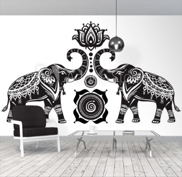 Picture of Stylized decorated elephants and lotus flower